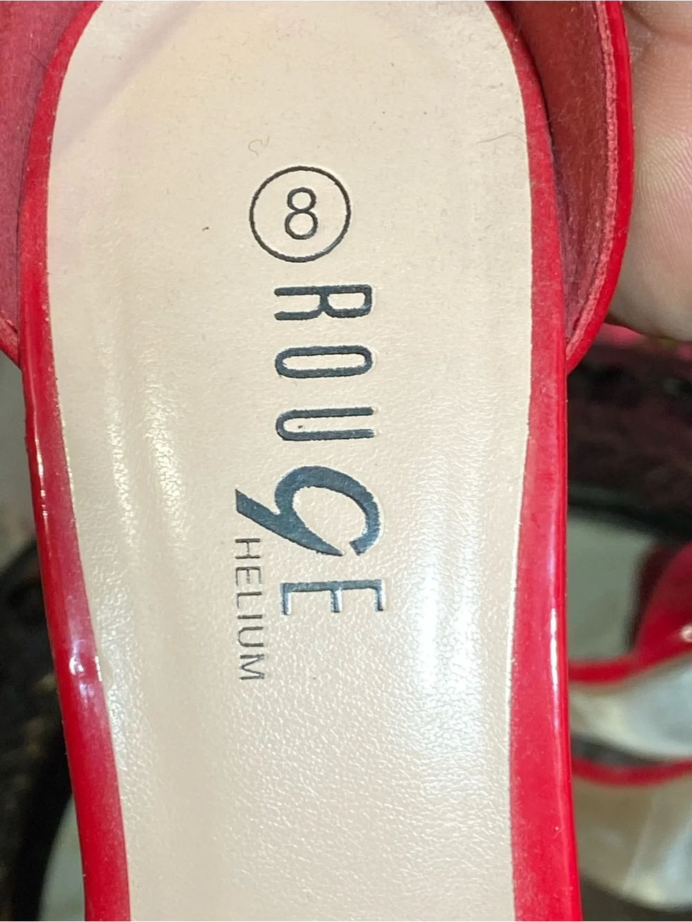 Rouge Helium Red Patent Block Heel Sandals with Ankle Strap